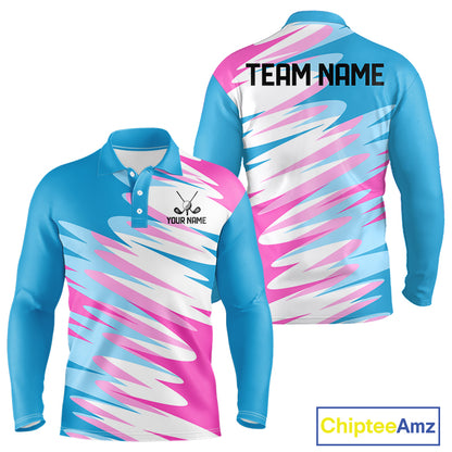 Mens Long Sleeve Golf Polo Shirt Custom Blue And Pink Golf Shirt Personalized White Team Golf Shirts NHN0076