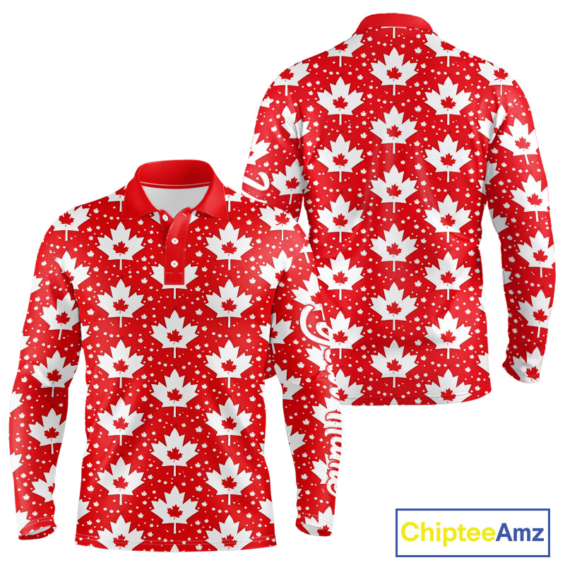 Red Maple Leaves Pattern Canadian Long Sleeve Golf Polo Shirts Custom Patriotic Golf Shirts NHN0207
