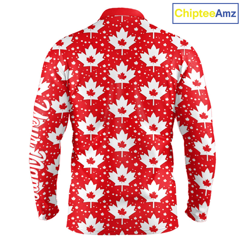 Red Maple Leaves Pattern Canadian Long Sleeve Golf Polo Shirts Custom Patriotic Golf Shirts NHN0207