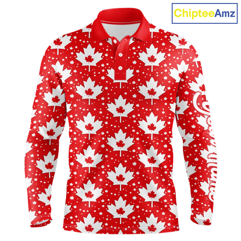 Red Maple Leaves Pattern Canadian Long Sleeve Golf Polo Shirts Custom Patriotic Golf Shirts NHN0207