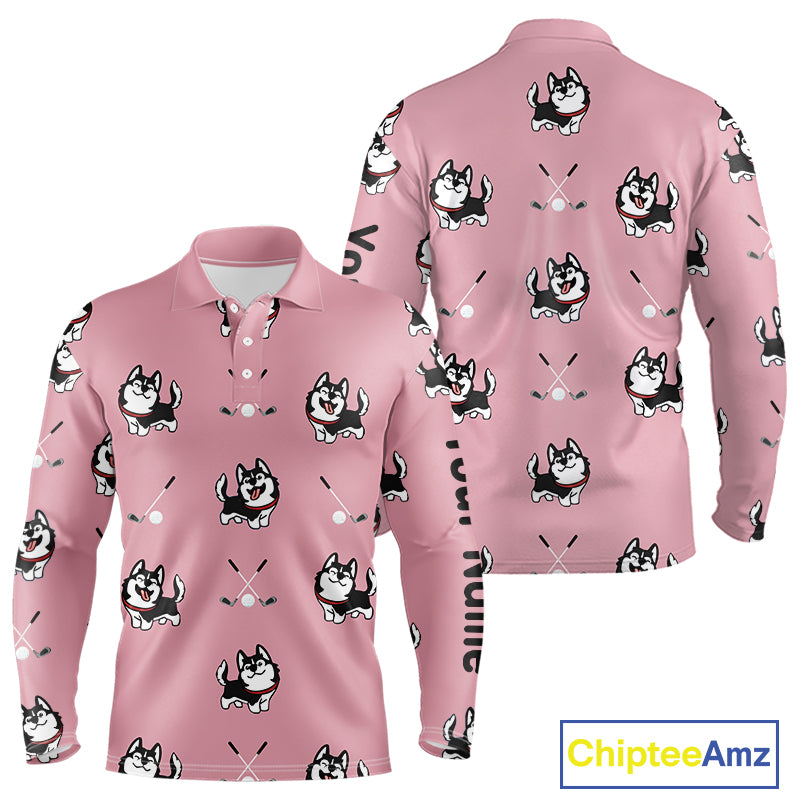Long Sleeve Golf Polo Shirt Custom Funny Husky Pink Pattern Team Mens Golf Tops, Dog Lover Gift NHN0065