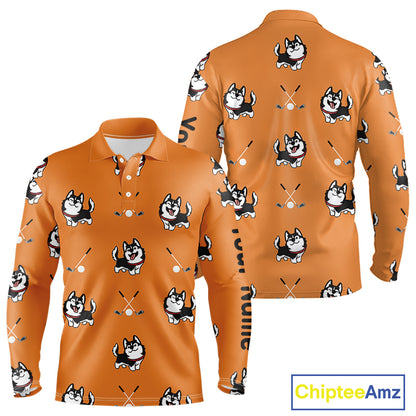 Long Sleeve Golf Polo Shirt Custom Funny Husky Orange Pattern Team Men Golf Tops, Dog Lover Gift NHN0065