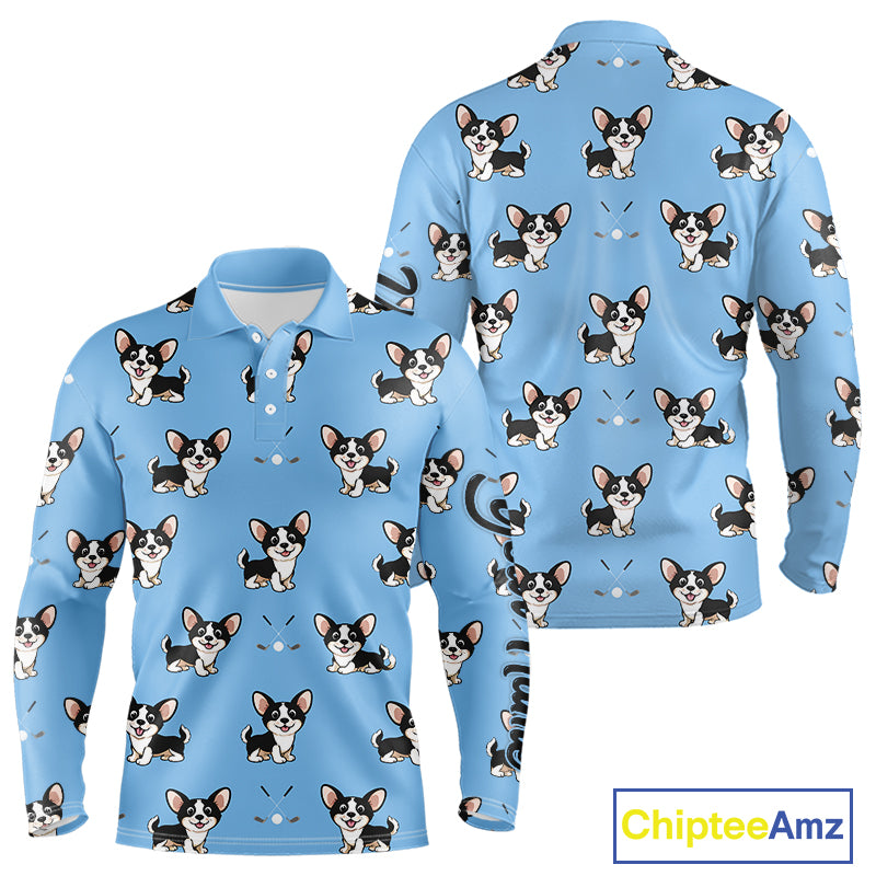 Long Sleeve Golf Polo Shirt Custom Funny Chihuahua Blue Pattern Team Mens Golf Top, Dog Lover Gift NHN0211