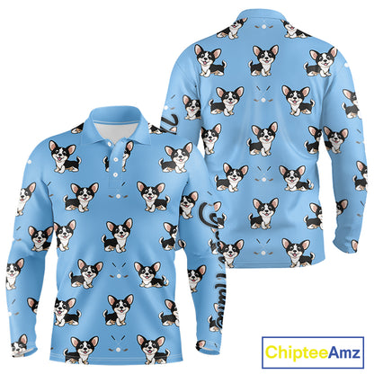 Long Sleeve Golf Polo Shirt Custom Funny Chihuahua Blue Pattern Team Mens Golf Top, Dog Lover Gift NHN0211