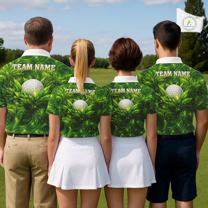 Green Womens Golf Polo Shirt Custom Leaf Pattern Golf Ball Personalized Team Golf Tops, Golf Gifts NHN0222
