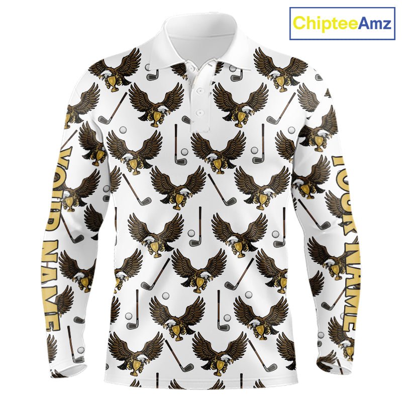 Golf Polo Shirts, Eagle Long Sleeve Golf Polo Shirt Custom Name White Golf Shirts For Men, Golf Gifts NHN0090