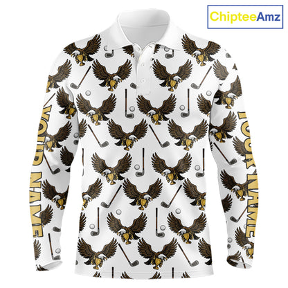 Golf Polo Shirts, Eagle Long Sleeve Golf Polo Shirt Custom Name White Golf Shirts For Men, Golf Gifts NHN0090