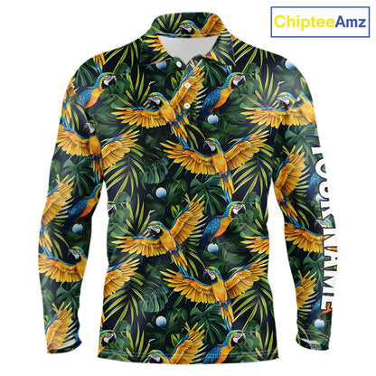 Mens Long Sleeve Golf Polo Shirt Custom Colorful Parrots And Floral Tropical Pattern Team Golf Shirts NHN0092