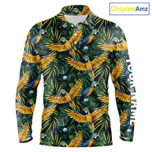 Load image into Gallery viewer, Mens Long Sleeve Golf Polo Shirt Custom Colorful Parrots And Floral Tropical Pattern Team Golf Shirts NHN0092