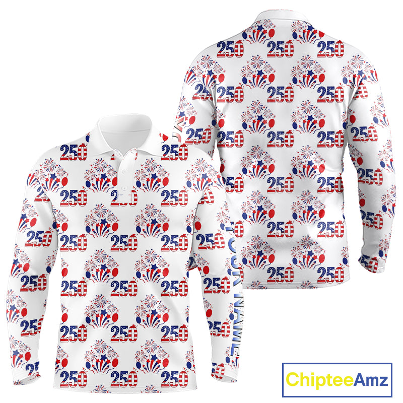 USA 250th Anniversary Long Sleeve Golf Polo Shirt Custom Golf Pattern Team Patriotic American Golf Top NHN0231