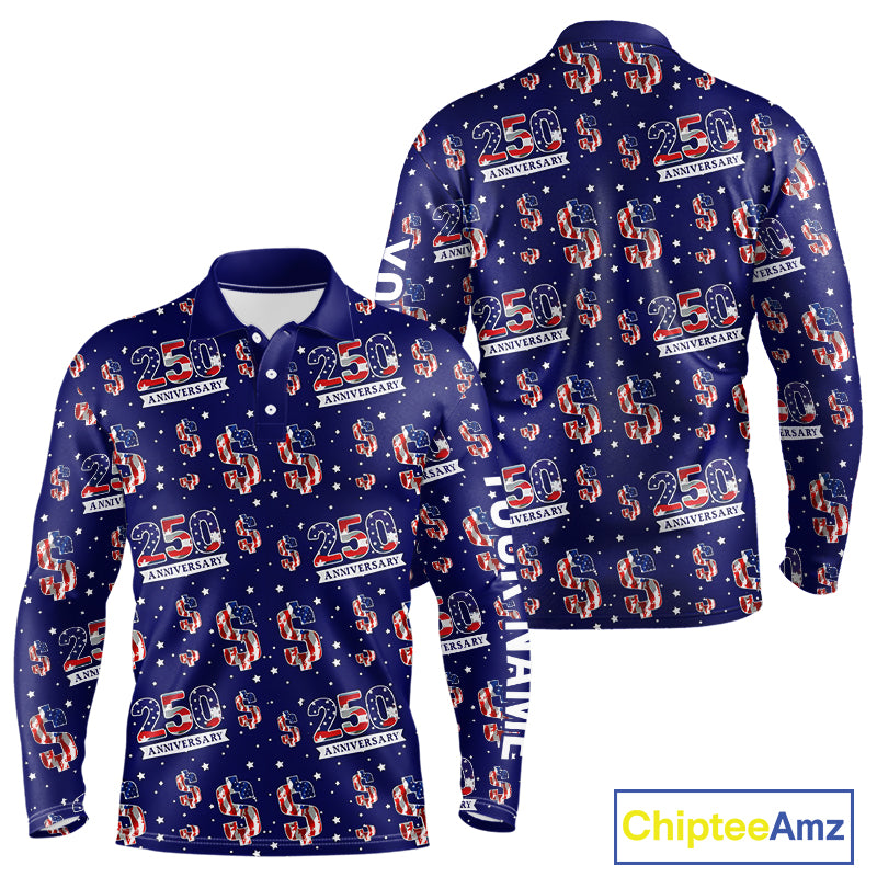 USA 250th Anniversary Long Sleeve Golf Polo Shirt Custom Patriotic American Flag Team Golf Tops NHN0235