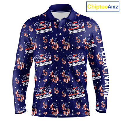 USA 250th Anniversary Long Sleeve Golf Polo Shirt Custom Patriotic American Flag Team Golf Tops NHN0235