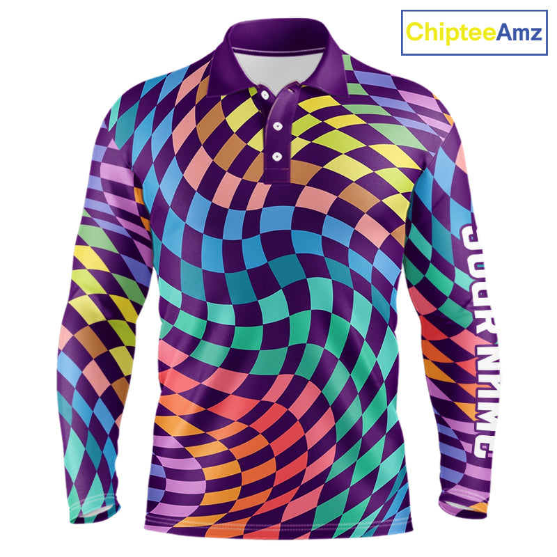 Long Sleeve Golf Polo Shirt Custom Checkerboard Argyle Pattern Golf Shirts For Men NHN0123