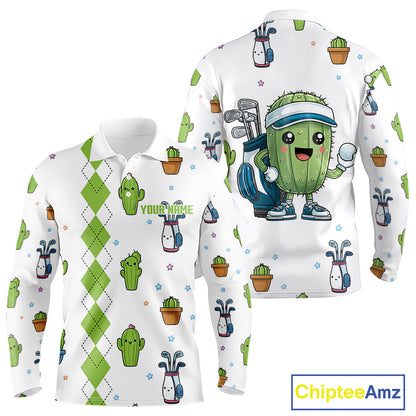 Argyle Pattern Mens Long Sleeve Golf Polo Shirt Custom Funny Cactus Golf Shirt Golfer Gifts NHN0012