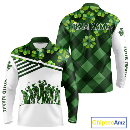 Long Sleeve Golf Polo Shirt Custom Green Clover St Patricks Day Plaid Pattern Golf Tops NHN0143