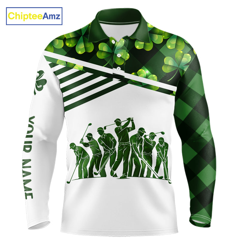 Long Sleeve Golf Polo Shirt Custom Green Clover St Patricks Day Plaid Pattern Golf Tops NHN0143