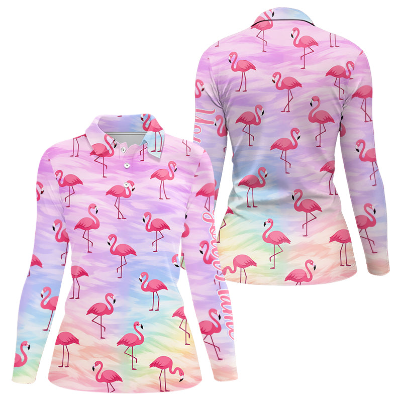 Violet Womens Long Sleeve Golf Polo Shirts Custom Funny Flamingo Heart Pattern Team Ladies Golf Tops NHN0174