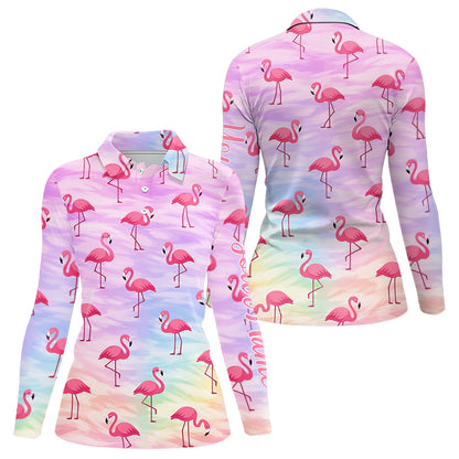Violet Womens Long Sleeve Golf Polo Shirts Custom Funny Flamingo Heart Pattern Team Ladies Golf Tops NHN0174