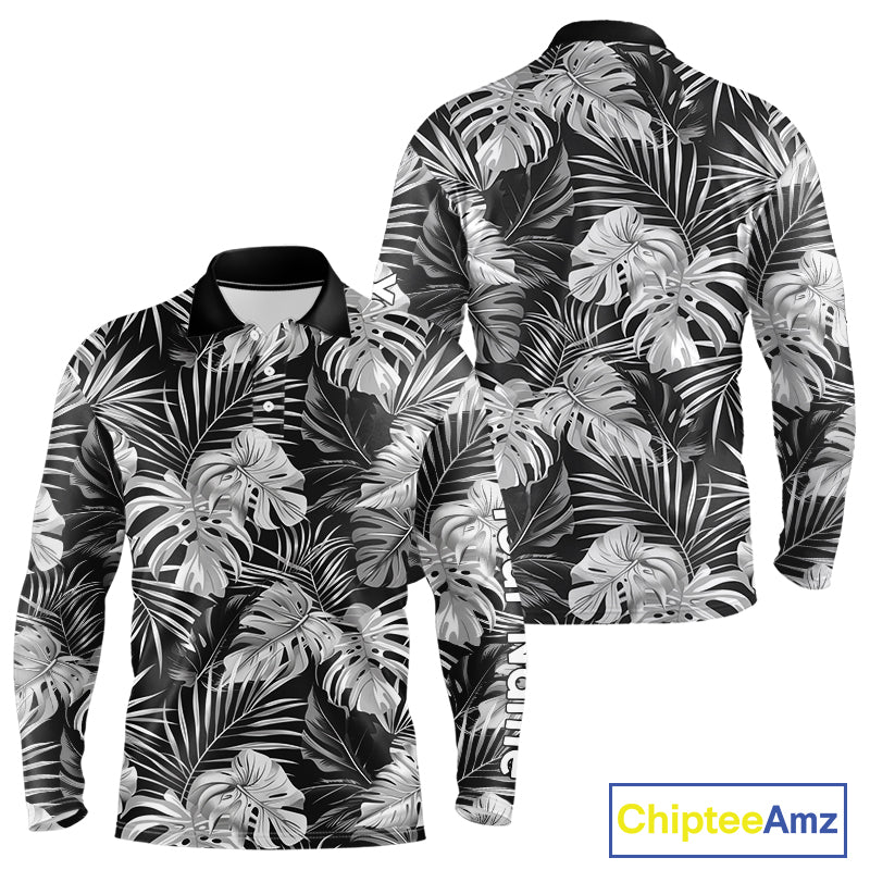 Long Sleeve Golf Polo Shirt Retro Floral Pattern Tropical Leaves Custom Team Golf Shirt NHN0190