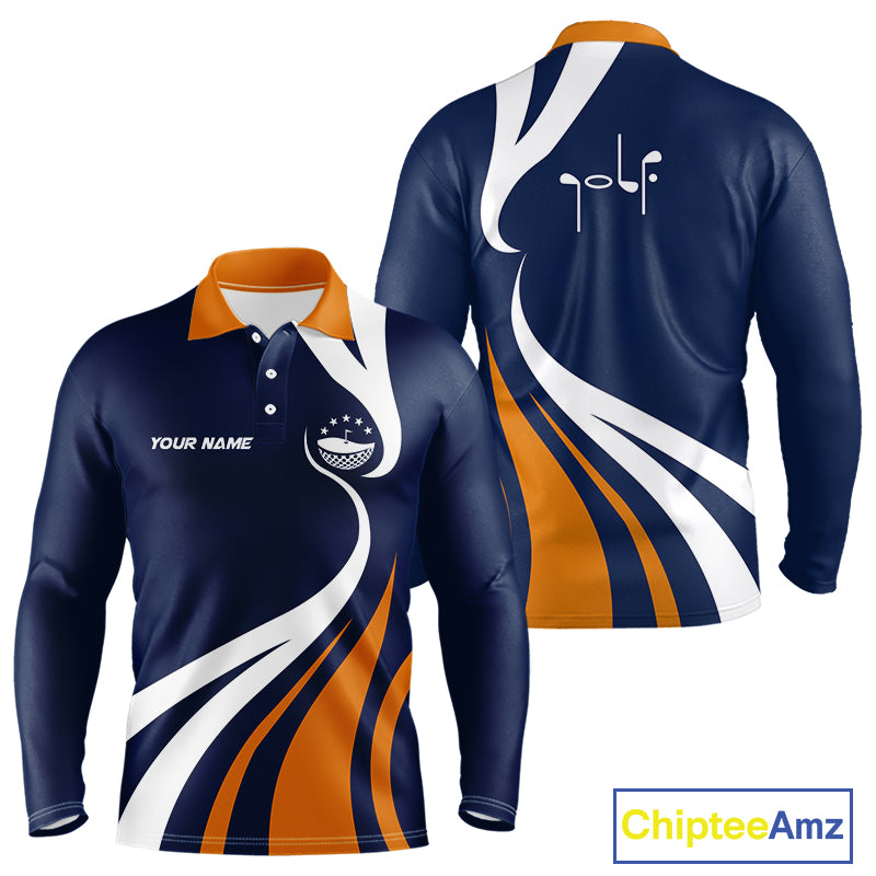 Long Sleeve Golf Polo Shirt Orange And Blue Pattern Personalized Golf Ball Name Golf Apparel NHN0061