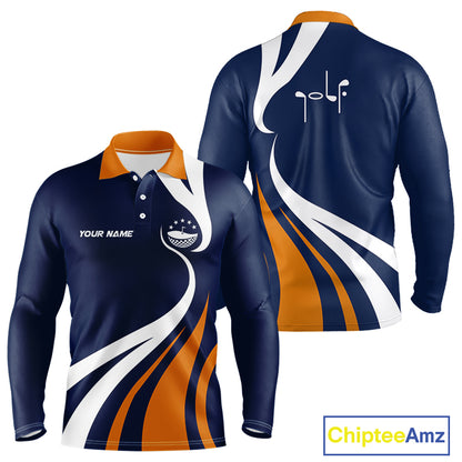 Long Sleeve Golf Polo Shirt Orange And Blue Pattern Personalized Golf Ball Name Golf Apparel NHN0061