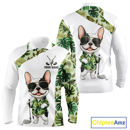 Green Tropical Pattern Long Sleeve Golf Polo Shirt Custom Cute Bulldog Golf Tops, White Golf Outfit NHN0067