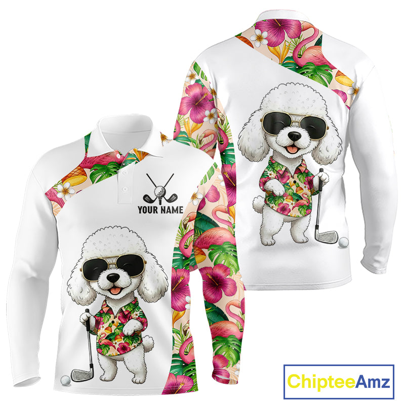 Funny Long Sleeve Golf Polo Shirt Custom Tropical Flamingo Pink Pattern, White Poodle Golf Outfit NHN0067