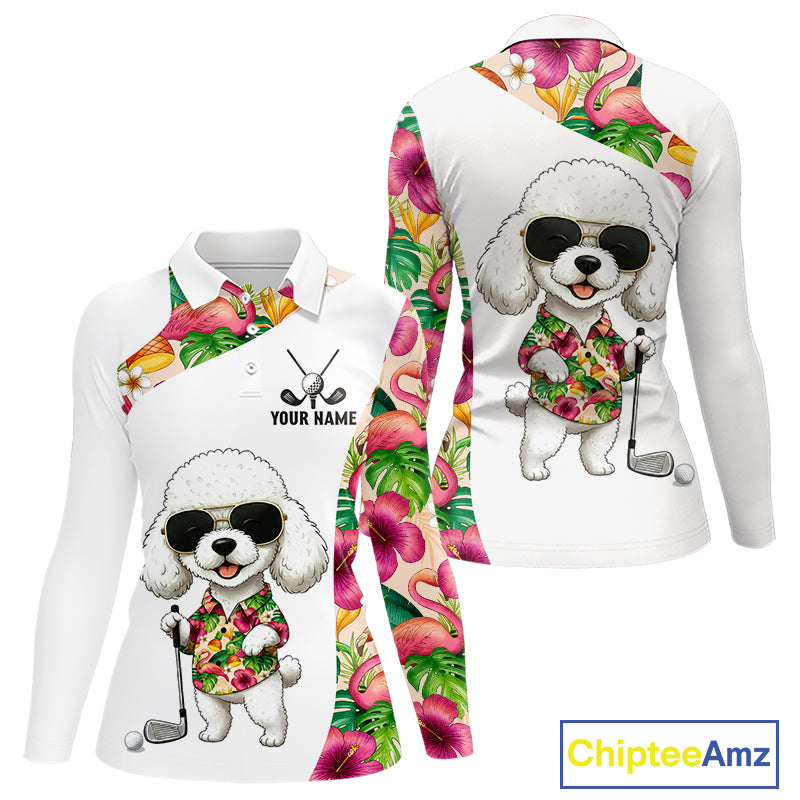 Funny Womens Long Sleeve Golf Polo Shirt Custom Tropical Flamingo Pattern, White Poodle Golf Outfit NHN0067