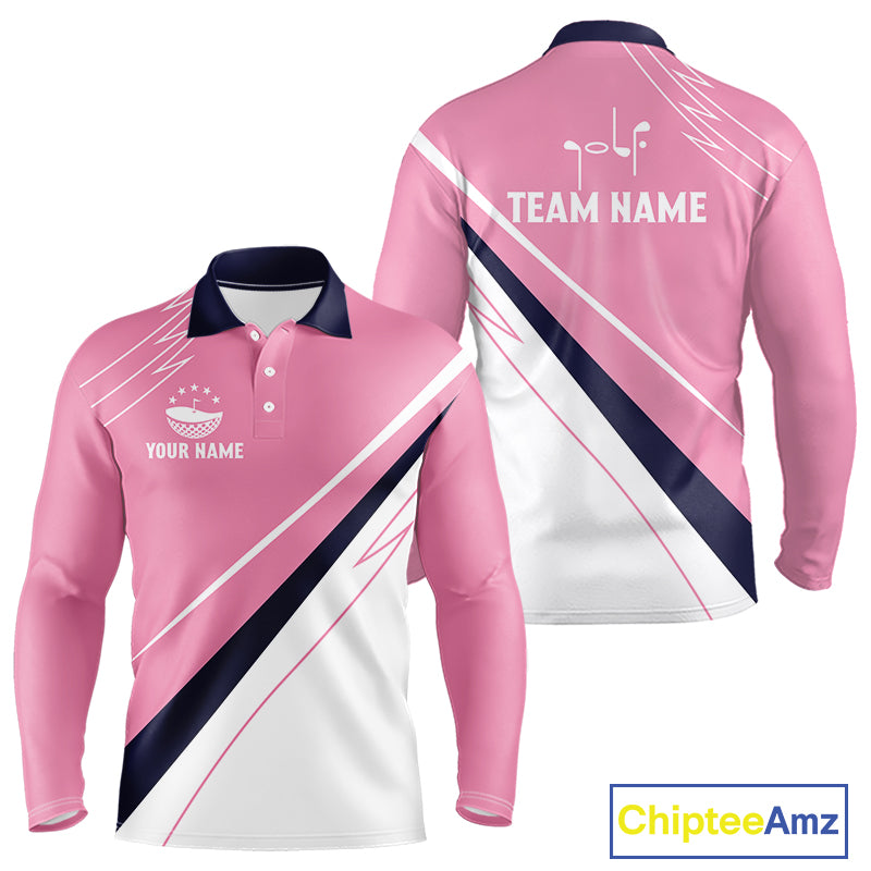 Mens Long Sleeve Golf Polo Shirt Custom Blue And Pink Golf Shirt Personalized White Team Golf Shirts NHN0075
