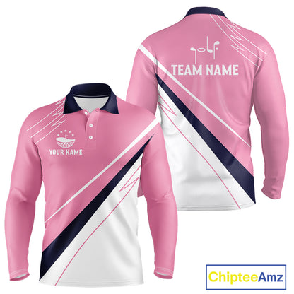 Mens Long Sleeve Golf Polo Shirt Custom Blue And Pink Golf Shirt Personalized White Team Golf Shirts NHN0075