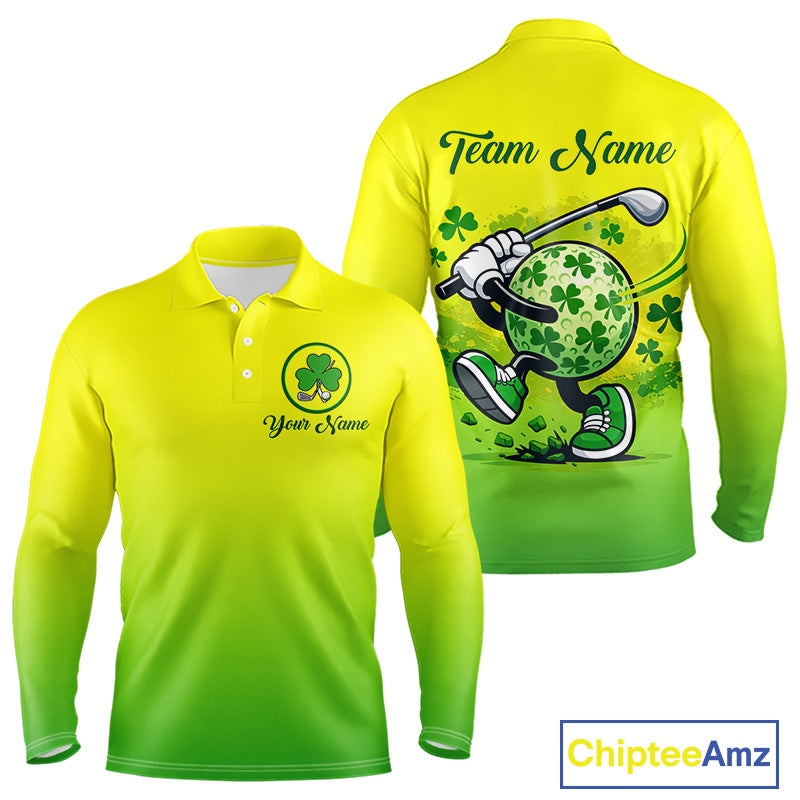 Neon Green Long Sleeve Golf Polo Shirt Custom Name Green Clover St Patrick Day Golf Shirts NHN0206