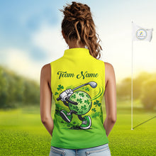Load image into Gallery viewer, Neon Green Womens Sleeveless Golf Polo Shirt Custom Name Green Clover St Patrick Day Golf Shirts, Golfer Gift NHN0206