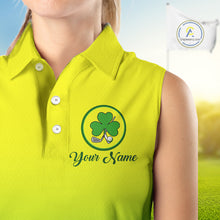 Load image into Gallery viewer, Neon Green Womens Sleeveless Golf Polo Shirt Custom Name Green Clover St Patrick Day Golf Shirts, Golfer Gift NHN0206