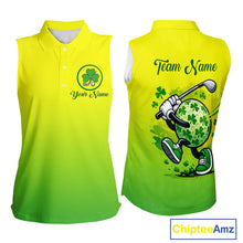 Load image into Gallery viewer, Neon Green Womens Sleeveless Golf Polo Shirt Custom Name Green Clover St Patrick Day Golf Shirts, Golfer Gift NHN0206
