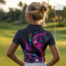 Load image into Gallery viewer, Wolf Womens Golf Polo Shirt Custom Neon Purple Pattern Team Golf Tops, Black Golf Outfit For Ladies NHN0085