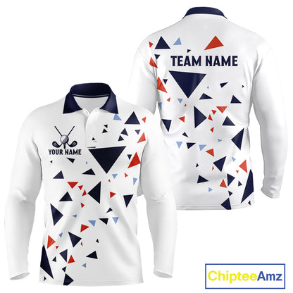 Long Sleeve Golf Polo Shirt Custom Orange And Blue Triangle Pattern Team Golf Tops, White Golf Attire NHN0086