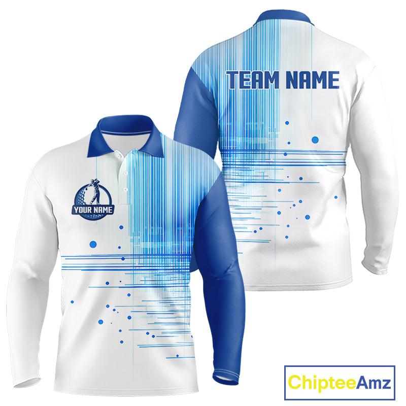 Long Sleeve Golf Polo Shirt Custom Blue Pattern Team Golf Tops, White Golf Golf Outfit For Men NHN0087