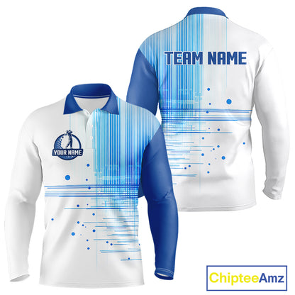Long Sleeve Golf Polo Shirt Custom Blue Pattern Team Golf Tops, White Golf Golf Outfit For Men NHN0087