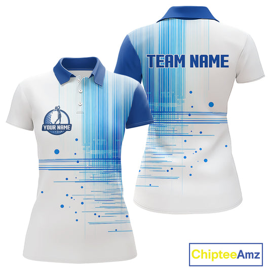 Womens Golf Polo Shirt Custom Blue Pattern Team Golf Tops, White Golf Golf Outfit For Women NHN0087