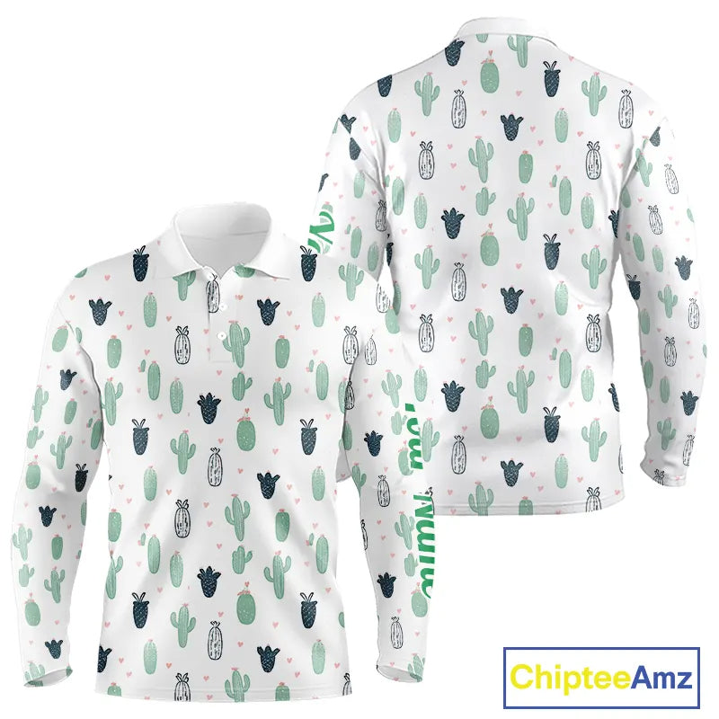 Funny Cactus Flower Pattern Long Sleeve Golf Polo Shirt Custom, Cactus Golf Shirt Personalized NHN0151