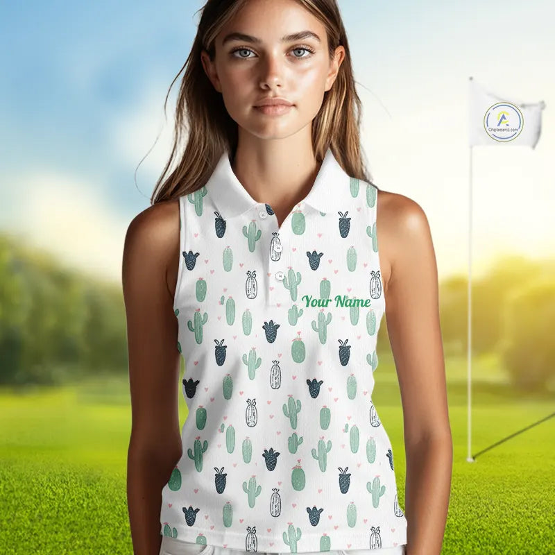 Funny Cactus Flower Pattern Womens Sleeveless Golf Polo Shirt Custom, Cactus Golf Shirt Personalized NHN0151