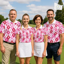 Load image into Gallery viewer, Pink Plaid Mens Golf Polo Shirt Custom Pink Ribbon Breast Cancer Awareness Team Golf Tops, Golf Gifts NHN0165