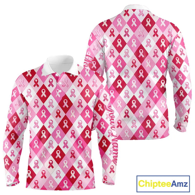 Plaid Long Sleeve Golf Polo Shirt Custom Pink Ribbon Breast Cancer Awareness Team Mens Golf Tops NHN0165