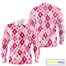 Load image into Gallery viewer, Plaid Long Sleeve Golf Polo Shirt Custom Pink Ribbon Breast Cancer Awareness Team Mens Golf Tops NHN0165