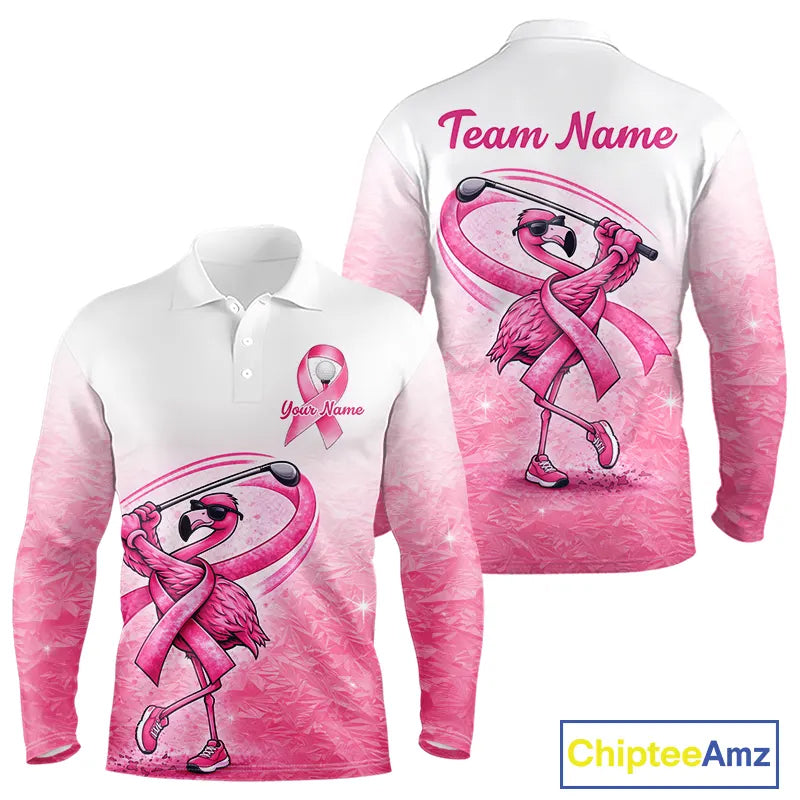 Pink Breast Cancer Golf Shirt, Funny Flamingo Long Sleeve Golf Polo Shirt Custom Name Golf Gifts NHN0167