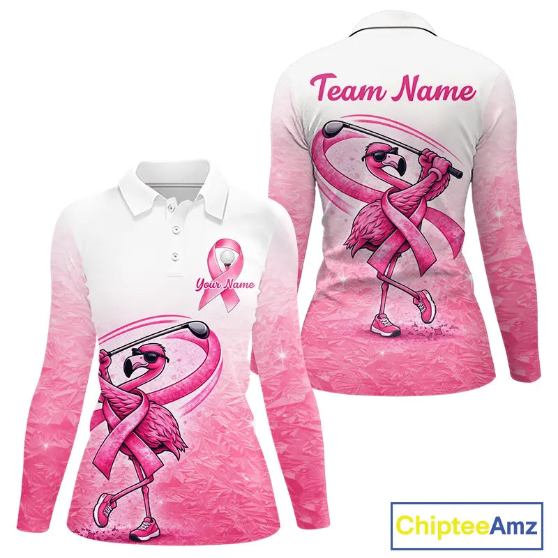 Pink Breast Cancer Golf Shirt, Funny Flamingo Womens Long Sleeve Golf Polo Shirt Custom Name Golf Gifts NHN0167