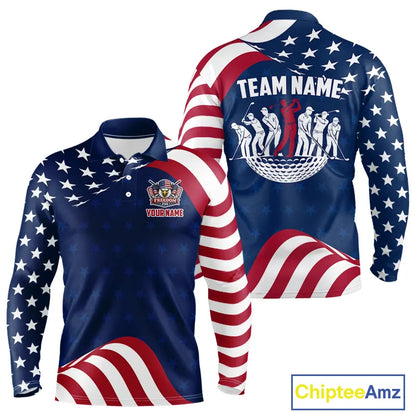 Funny Long Sleeve Golf Polo Shirt Custom Name American Flag Golf Shirt For Men, Patriotic Gift NHN0173