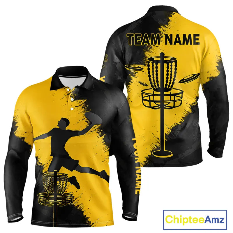 Mens Long Sleeve Disc Golf Polo Shirt Custom Name Black And Yellow Disc Golf Basket Golf Shirts NHN0050