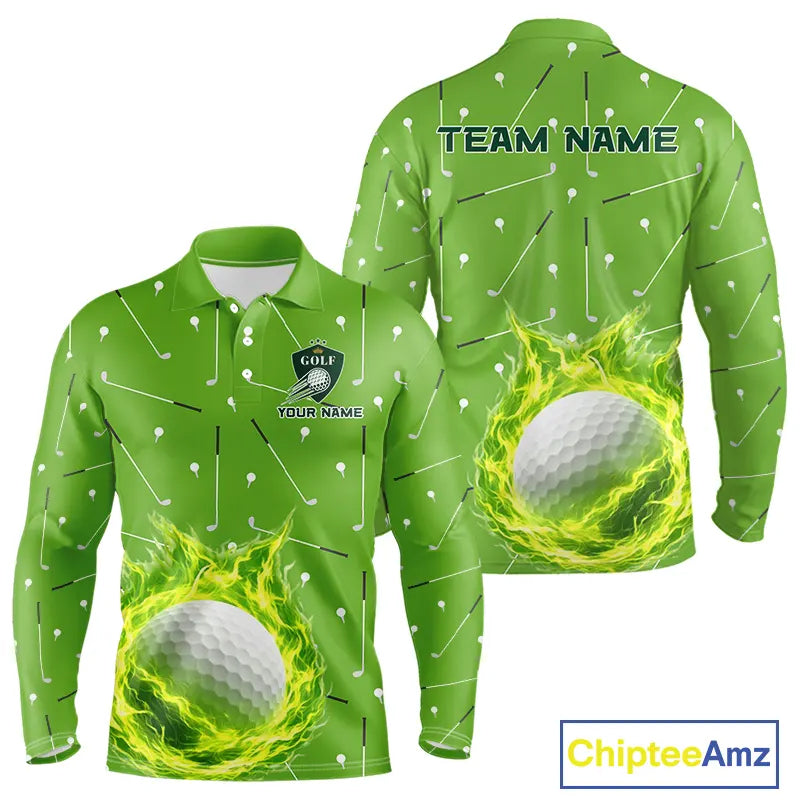 Long Sleeve Golf Polo Shirt Custom Green And White Golf Ball Flame Team Golf Shirts, Golf Tops For Men NHN0179