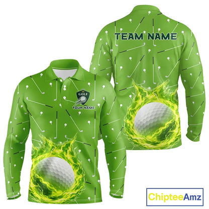 Long Sleeve Golf Polo Shirt Custom Green And White Golf Ball Flame Team Golf Shirts, Golf Tops For Men NHN0179